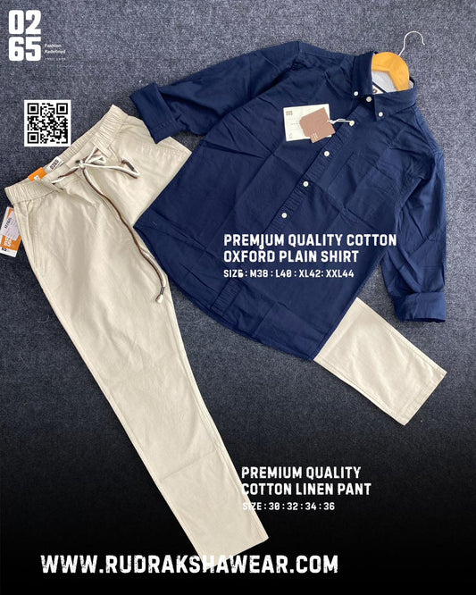 0265 Combo - Shirt + Cotton linen pant - Navy blue & Beige