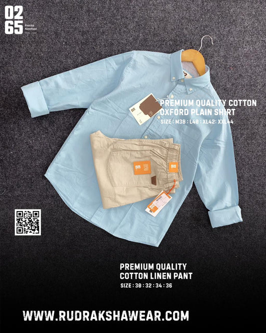 0265 Combo - Shirt + Cotton linen pant - Light Blue & Beige