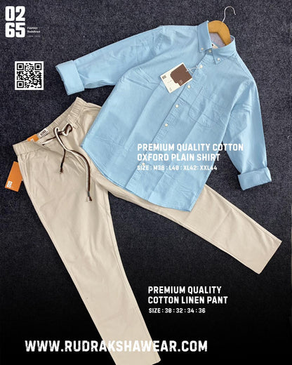 0265 Combo - Shirt + Cotton linen pant - Light Blue & Beige