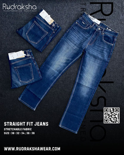 Premium Straight Fit Jeans | Stretchable | Long Lasting Shades | Length 40" | Dark Blue