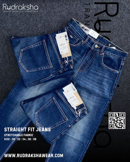 Premium Straight Fit Jeans | Stretchable | Long Lasting Shades | Length 40" | Dark Blue