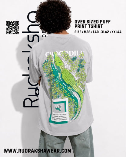 Imported Cotton Interlock oversized half sleeve t-shirt | Puff screen print | 240 GSM | Light Grey