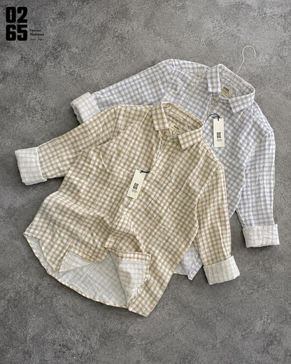 0265 Double Cloth Fabric Full Sleeve Shirt| Small Checks | Cotton Linen Fabric | Ultra Soft | Breathable - Art 004