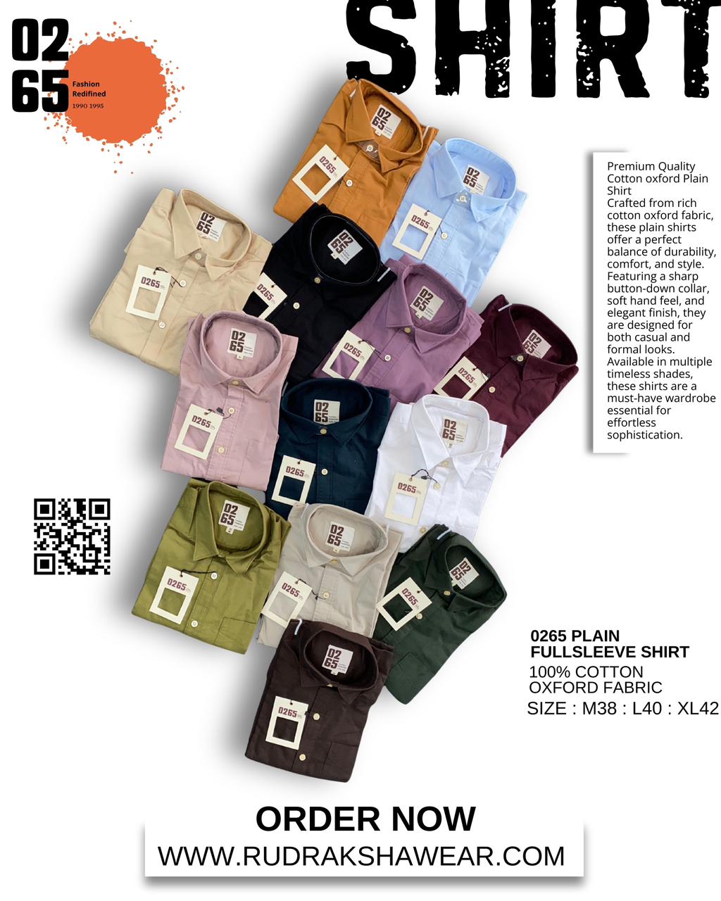 0265 Premium Cotton Oxford - Plain Full Sleeve Shirt - Back Side Box Pleated