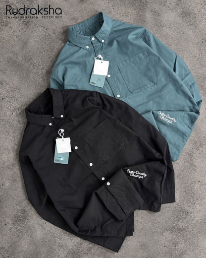 Boxy Fit Full Sleeve Shirt | 100 % Cotton | Button Down Collar | Embroidery at front right bottom