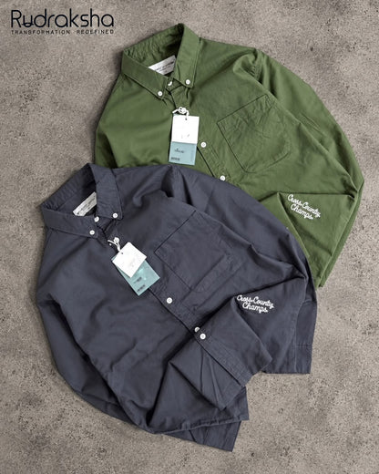 Boxy Fit Full Sleeve Shirt | 100 % Cotton | Button Down Collar | Embroidery at front right bottom